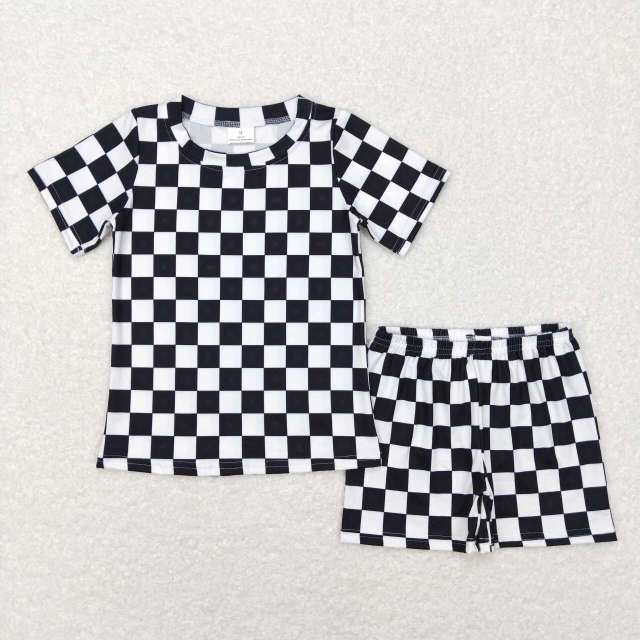 BSSO0327 Black and white plaid short sleeve shorts suit