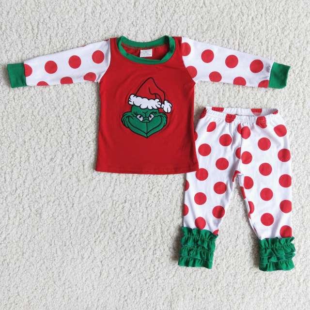 6 A0-5 Girls grinch embroidered polka dot long sleeve pants suit