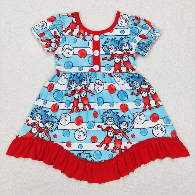 GSD0557 dr seuss blue and white striped red lace short-sleeved dress