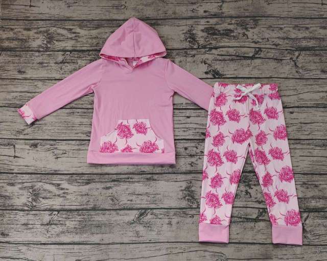 Pre-order baby girl clothes alpine cow head pink hooded long sleeve pants outfits