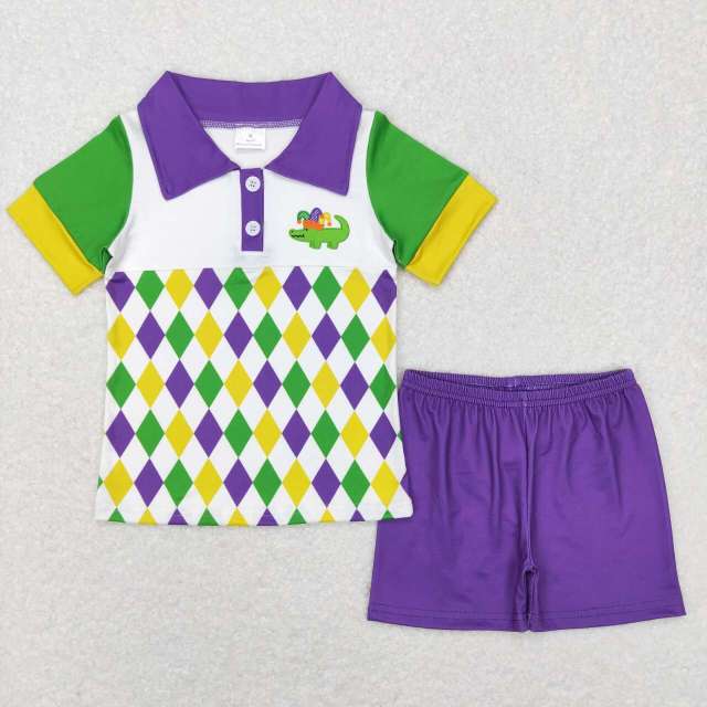 BSSO0311 Carnival Crocodile Purple Yellow Green Diamond Short Sleeve Shorts suit