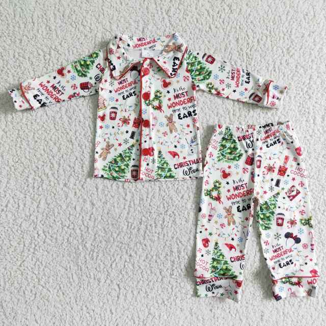 6 A1-30 Boys Mickey Christmas Tree Christmas Button Long Sleeve Pants Suit Pajamas