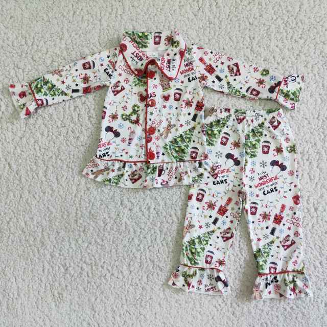 6 A3-29 Girls Mickey Christmas Tree Christmas Button Long Sleeve Pants Set 500g Pajamas