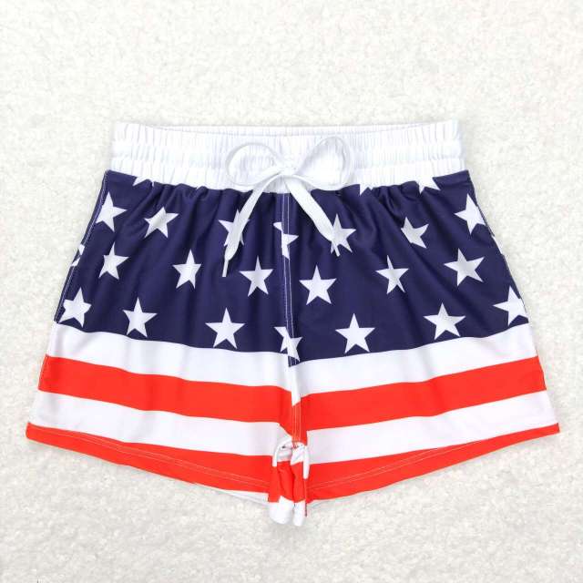 S0188 Five-pointed star red and white striped dark blue swimming trunks