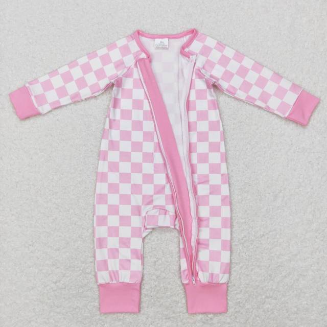 LR0810 Pink and white plaid zipper long-sleeved jumpsuit