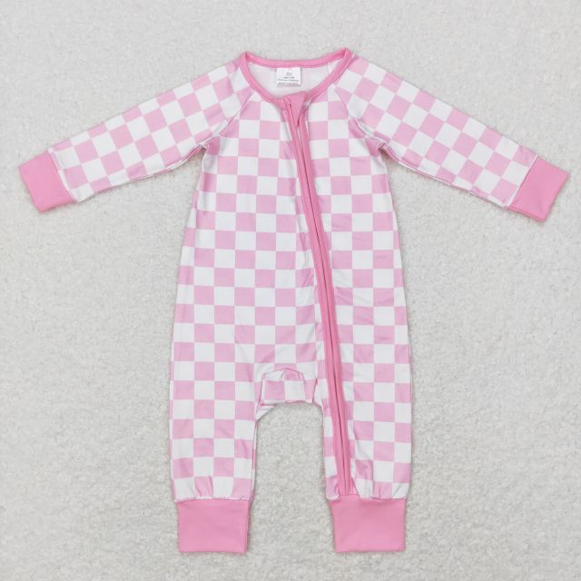 LR0810 Pink and white plaid zipper long-sleeved jumpsuit