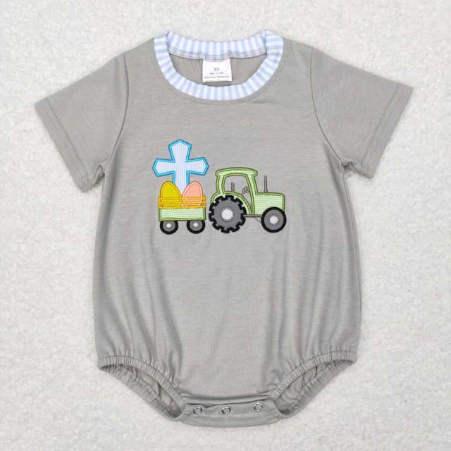 SR0490 Embroidered cross tractor blue and white striped trim gray short-sleeved jumpsuit