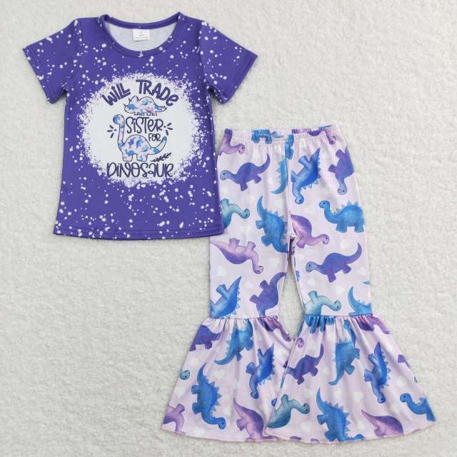 GSPO0915 Alphabet Dinosaur Love Purple Short Sleeve Pants Suit