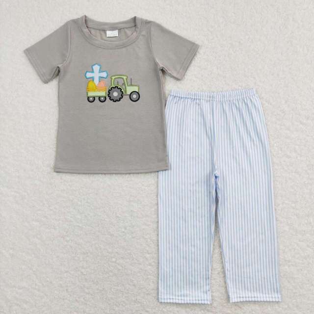 BSPO0194 Embroidered cross tractor gray short-sleeved blue and white striped pants suit