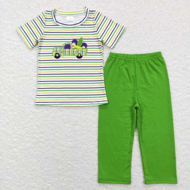 BSPO0215 Carnival Embroidered Truck Purple Green Yellow Striped Short Sleeve Green pants set