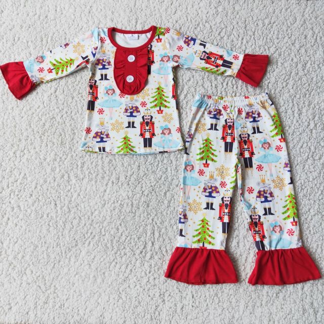 6C7-5 Girls Christmas Tree Button Red Cuff Guard Pajamas