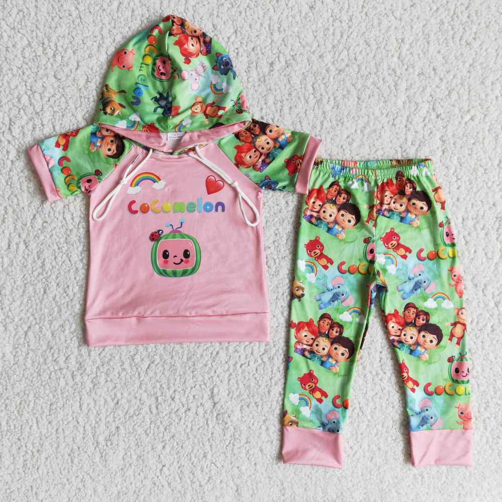 E11-26 cocomelon pink hooded short-sleeved pants suit