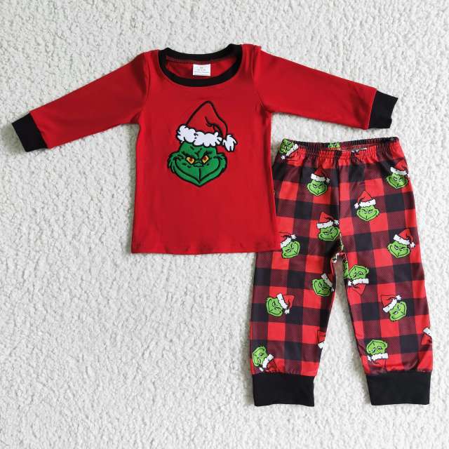 6 B9-38 Boys embroidered Christmas grinch red long sleeve suit