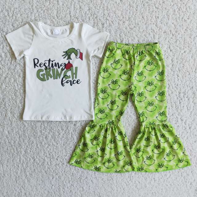 E3-30 Grinch white short-sleeved top and green bell-bottom pants suit