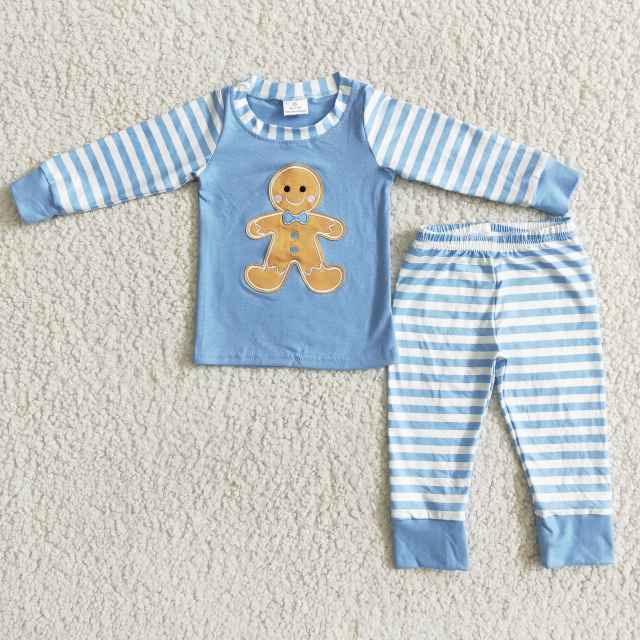 6 B8-23 8.5 boys embroidered gingerbread striped pajamas 280g