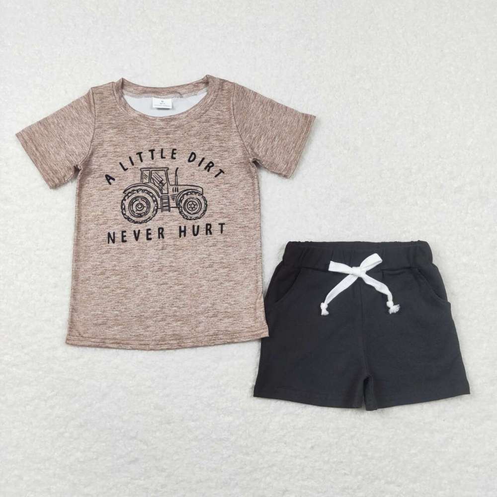 BT0360+SS0137 a little dirt never hurt letter tractor brown short sleeve top  black pocket shorts 2 pieces suit