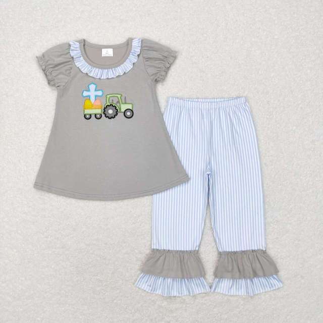 GSPO0973 Embroidered cross tractor lace gray short-sleeved blue and white striped pants suit