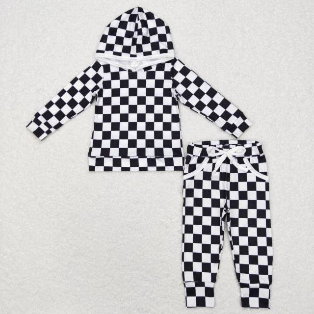BLP0434 Black and white plaid hooded long-sleeved pants suit