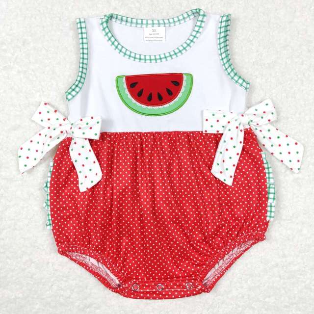 SR0593 Embroidered watermelon bow polka dot red and white sleeveless jumpsuit