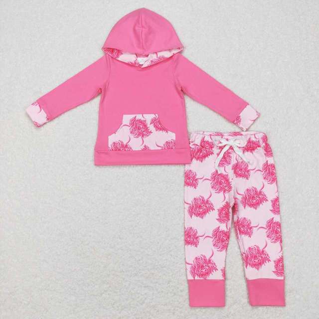 GLP0906 Alpine Cow Head Pocket Pink Hooded Long Sleeve pants suit