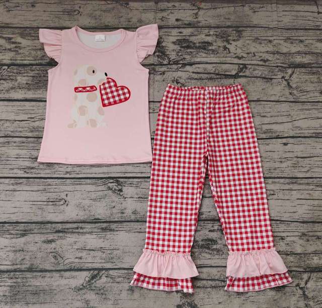 Pre-order baby girl clothes valentine love dog flying sleeve bell bottoms outfits