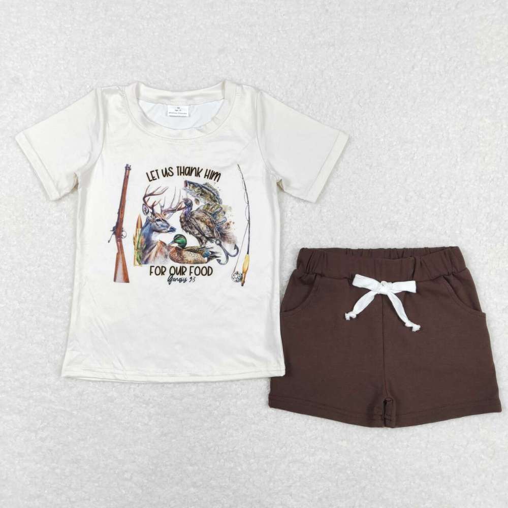 BT0340+SS0134 Beige short-sleeved top for fishing and hunting elk and duck brown pocket shorts 2 piece set