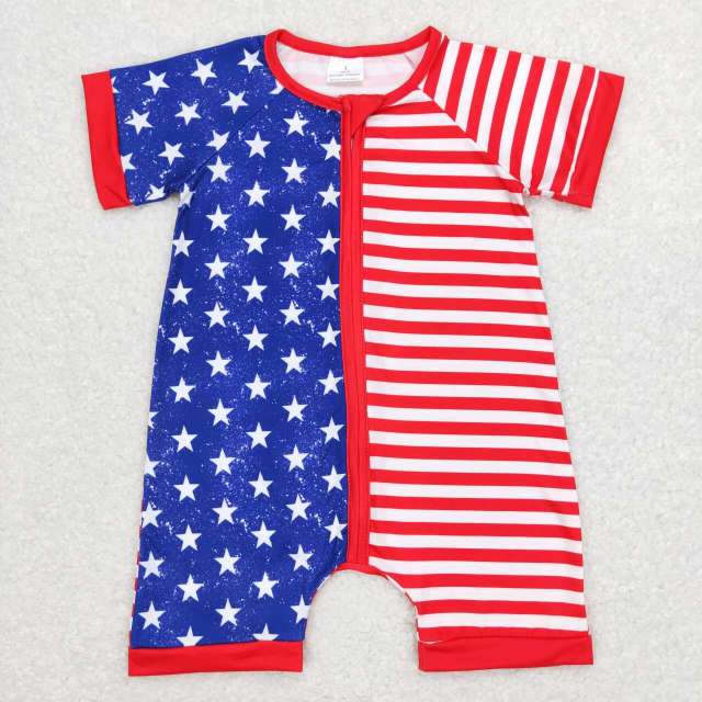 SR0673 Star red and white striped zipper short-sleeved jumpsuit