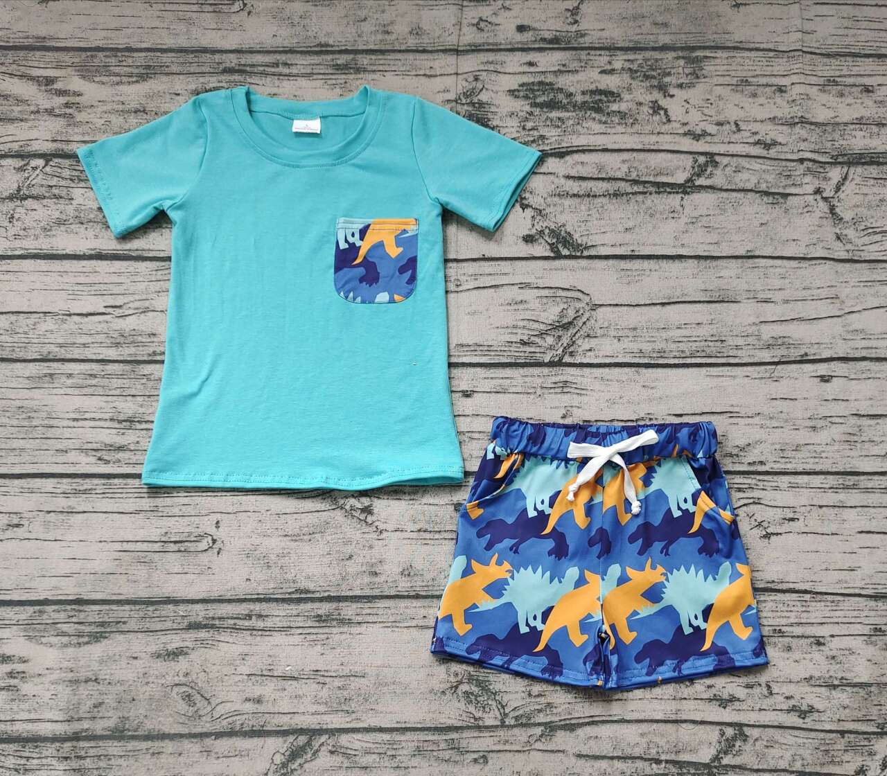Pre-order baby boy clothes blue dinosaur shorts outfit