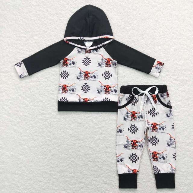 BLP0363 aztec geometric alpine cow head beige black hooded long-sleeved pants suit