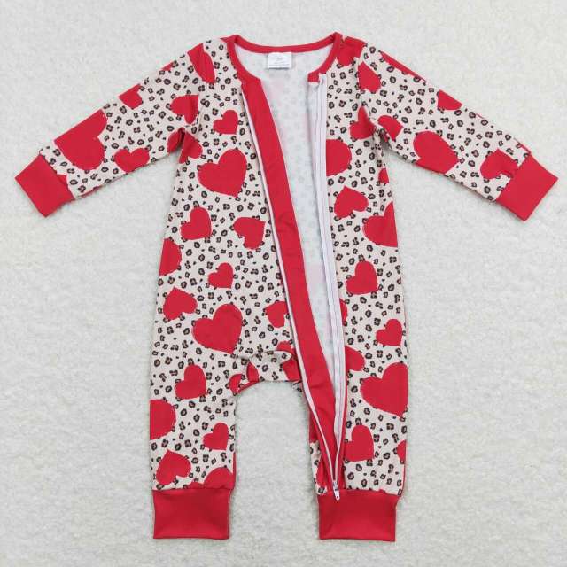 LR0775 Heart leopard print red zipper long sleeve jumpsuit