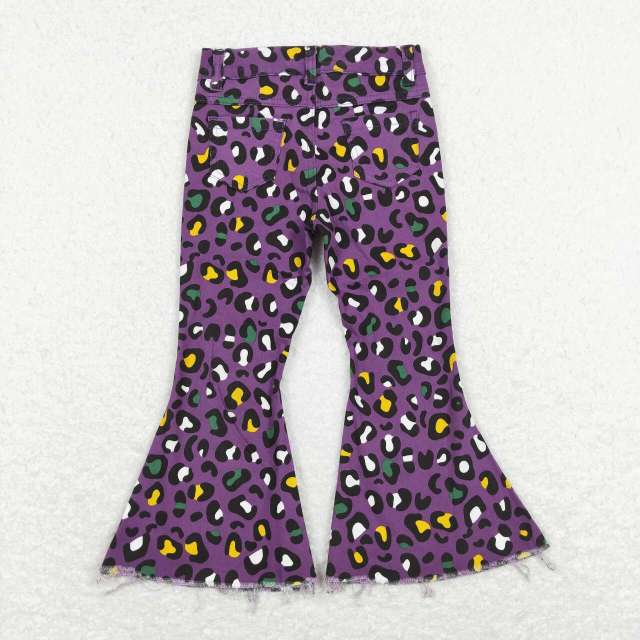 P0313 Yellow-green leopard print purple denim jeans