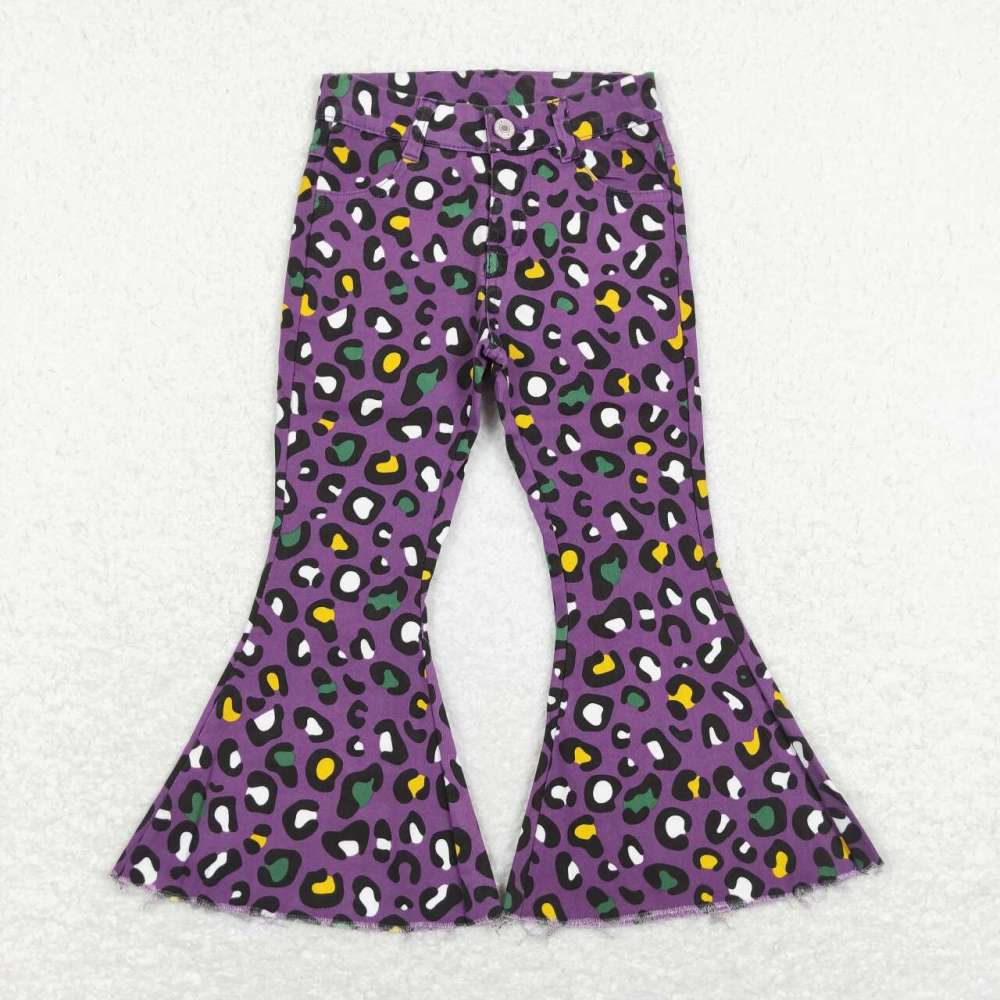 P0313 Yellow-green leopard print purple denim jeans