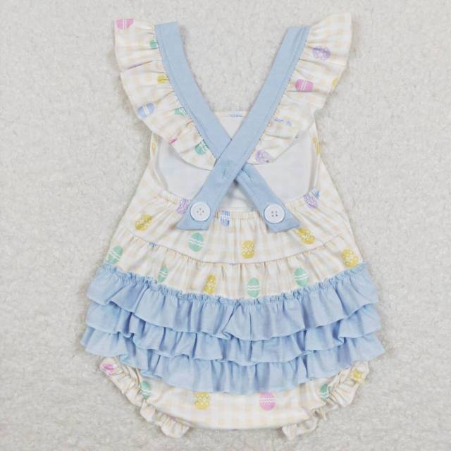 SR0656 Egg yellow white plaid blue lace bow flying sleeve jumpsuit