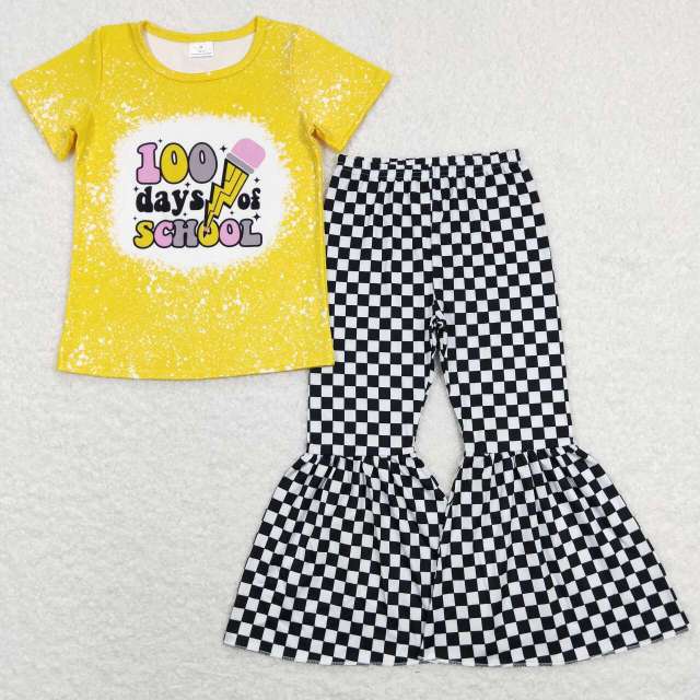 GT0387+P0146 100days pencil yellow short-sleeved top Black and white checked milk silk Pants 2 pieces Suit
