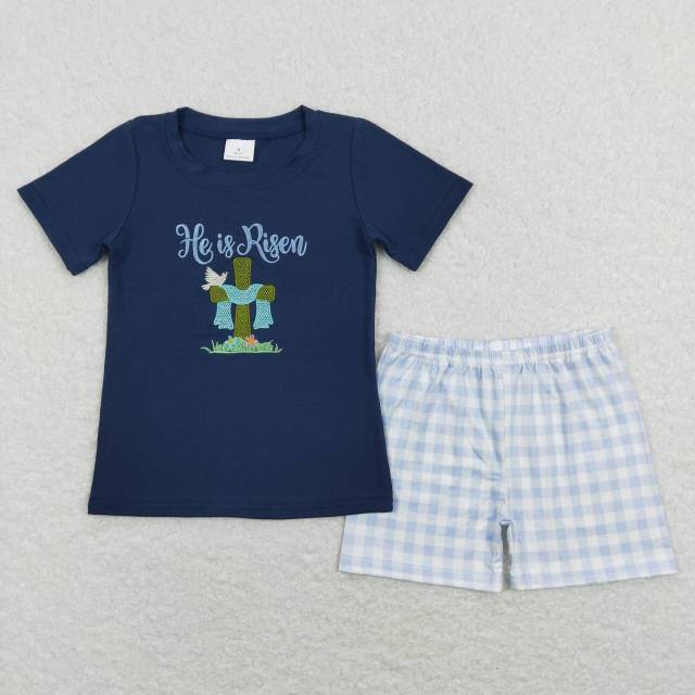BSSO0319 he is risen navy blue short-sleeved blue and white plaid shorts suit with embroidered cross