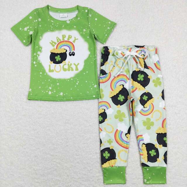 BSPO0219 happy lucky four leaf clover rainbow gold coin green short sleeve Pants Suit