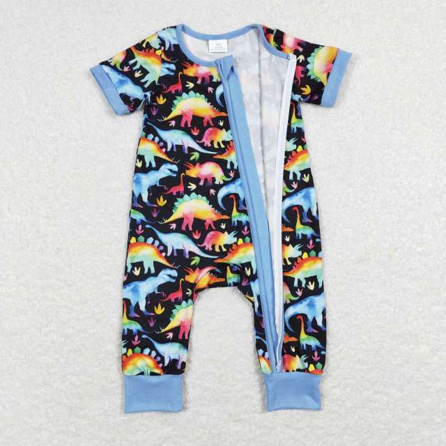 SR0506 Colorful Dinosaur Blue and Black Zip Short Sleeve Jumpsuit