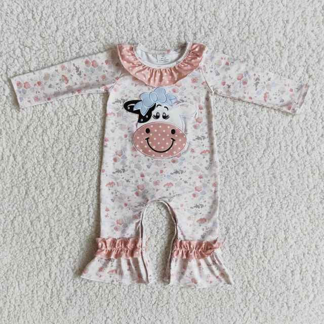 6 A23-5 Embroidered cow head print long sleeve romper