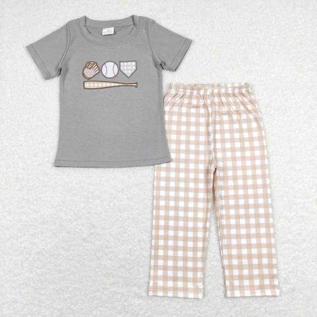 BSPO0244 Embroidered baseball gloves, gray short-sleeved brown and white plaid Pants Suit