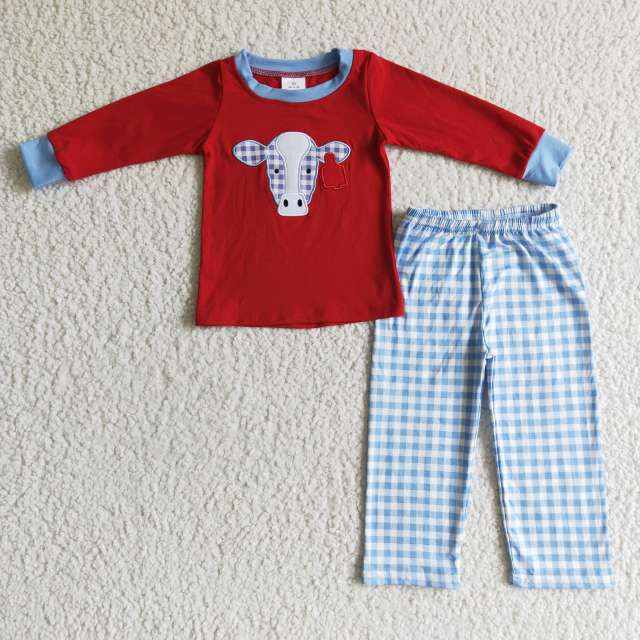 BLP0019 Boys Embroidered Bull Head Red Long Sleeve Plaid Pants Suit