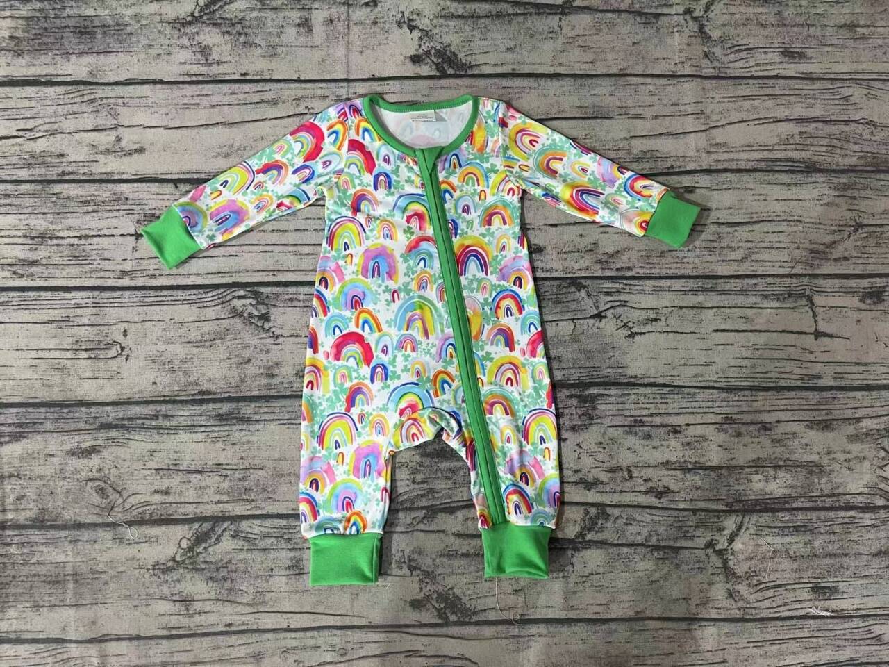Pre-order baby kids clothes green rainbow long sleeve summer romper