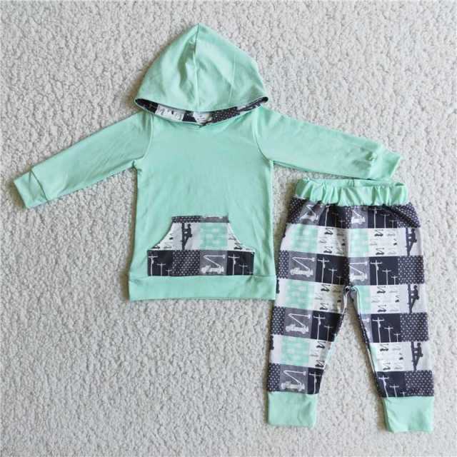 6C8-4 Boys Green Hooded Lineman Long Sleeve Pants Checkered Suit
