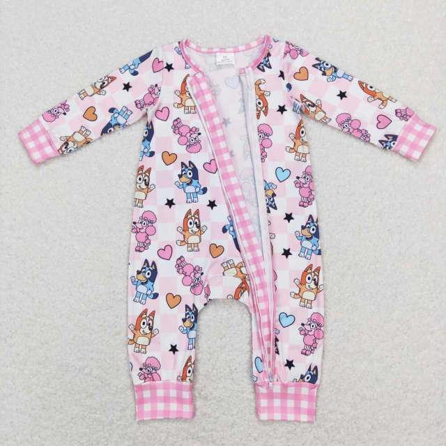 LR0870 bluey love pink and white plaid zipper long-sleeved jumpsuit