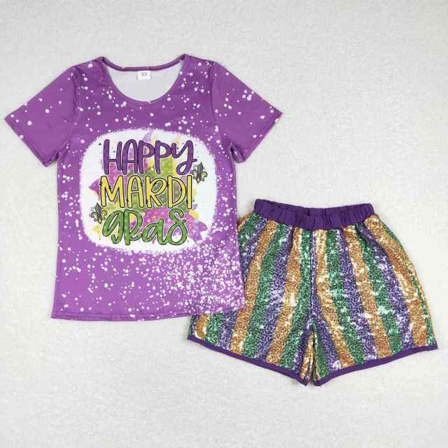 GT0377 + SS0119 Adult happy mardi gras letter short sleeves top Purple Green Gold Striped Sequin Shorts