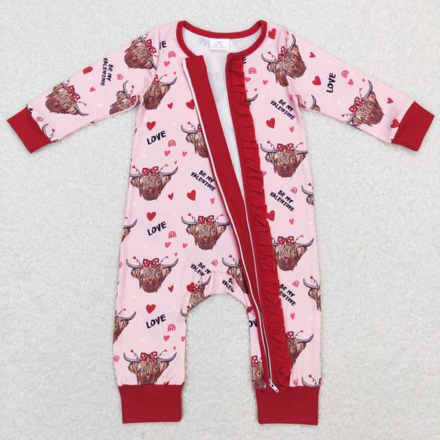 LR0804 be my valentine love cow head pink lace zipper long sleeve jumpsuit