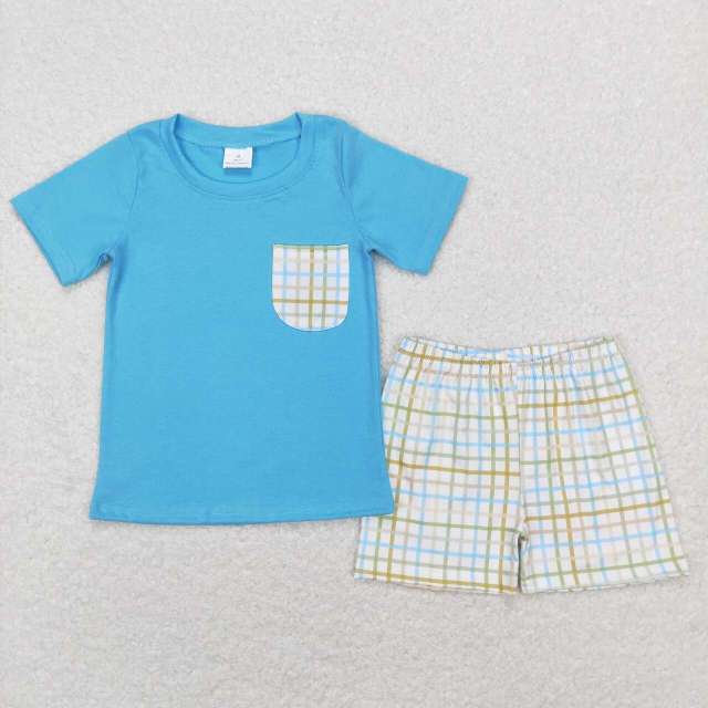 BSSO0372 Green Striped Pocket Blue Short Sleeve Shorts Suit