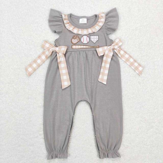 SR0613 Embroidered baseball gloves brown and white plaid bow lace gray short sleeves Jumpsuit