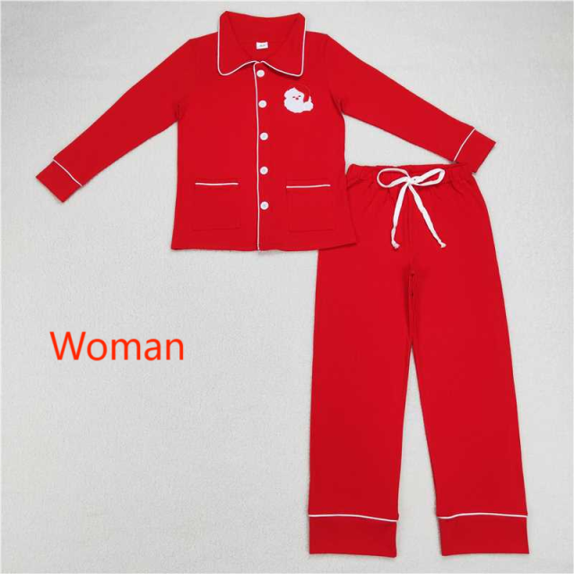 GLP0700 Adult Women's Embroidered Santa Pocket Collar Red Long Sleeve Pants Suit