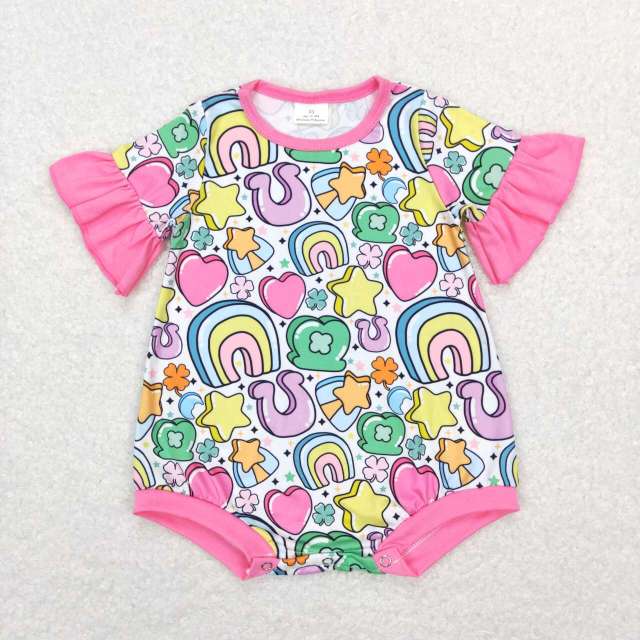 SR0552 Rainbow Star Love Four Leaf Clover Pink White Short Sleeve Jumpsuit