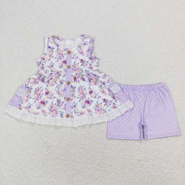 GSSO0402 Blue and purple floral lace pocket sleeveless polka dot shorts set
